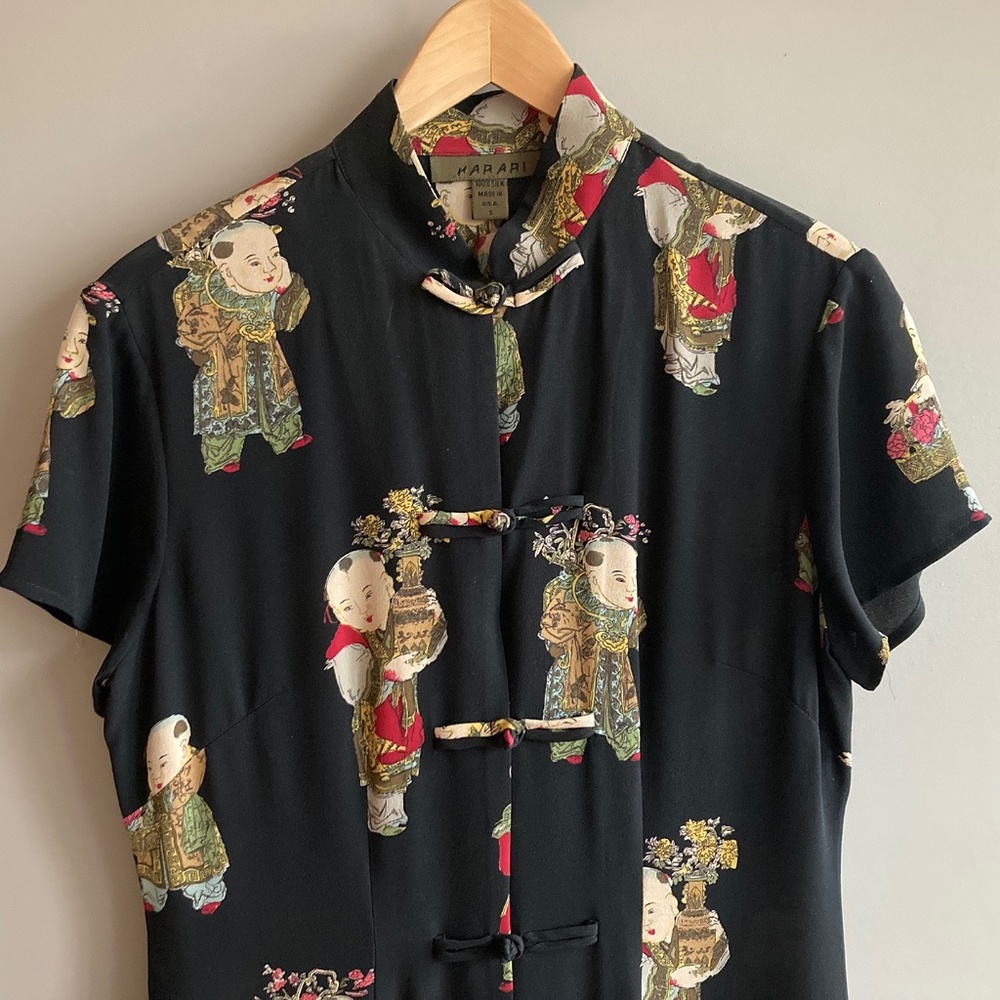 Harari 100% Silk Asian Mandarin Collar Maxi Dress with Knot Buttons Size S